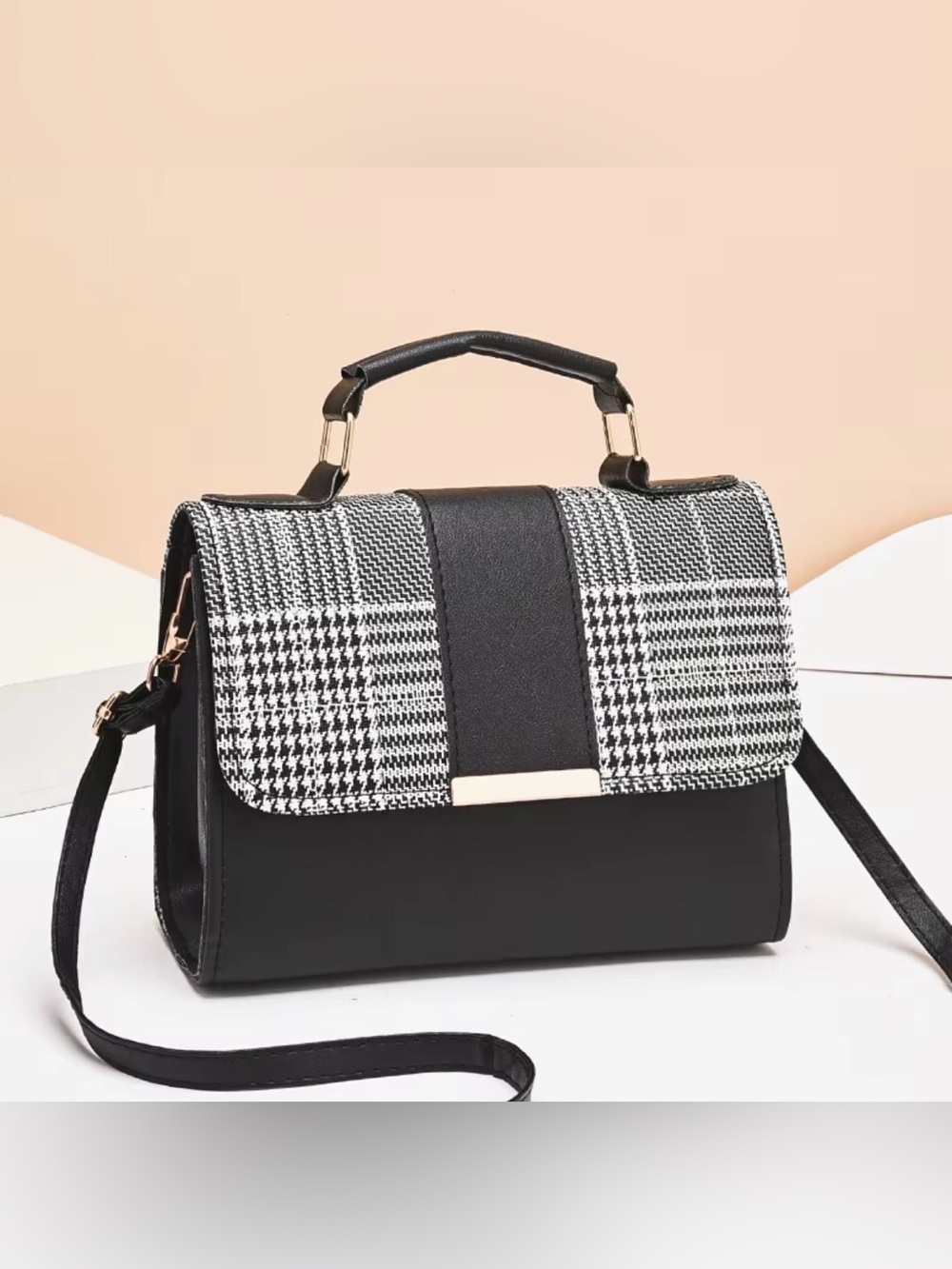 Black & Houndstooth Top-Handle Shoulder Bag - Classic Women's Purse